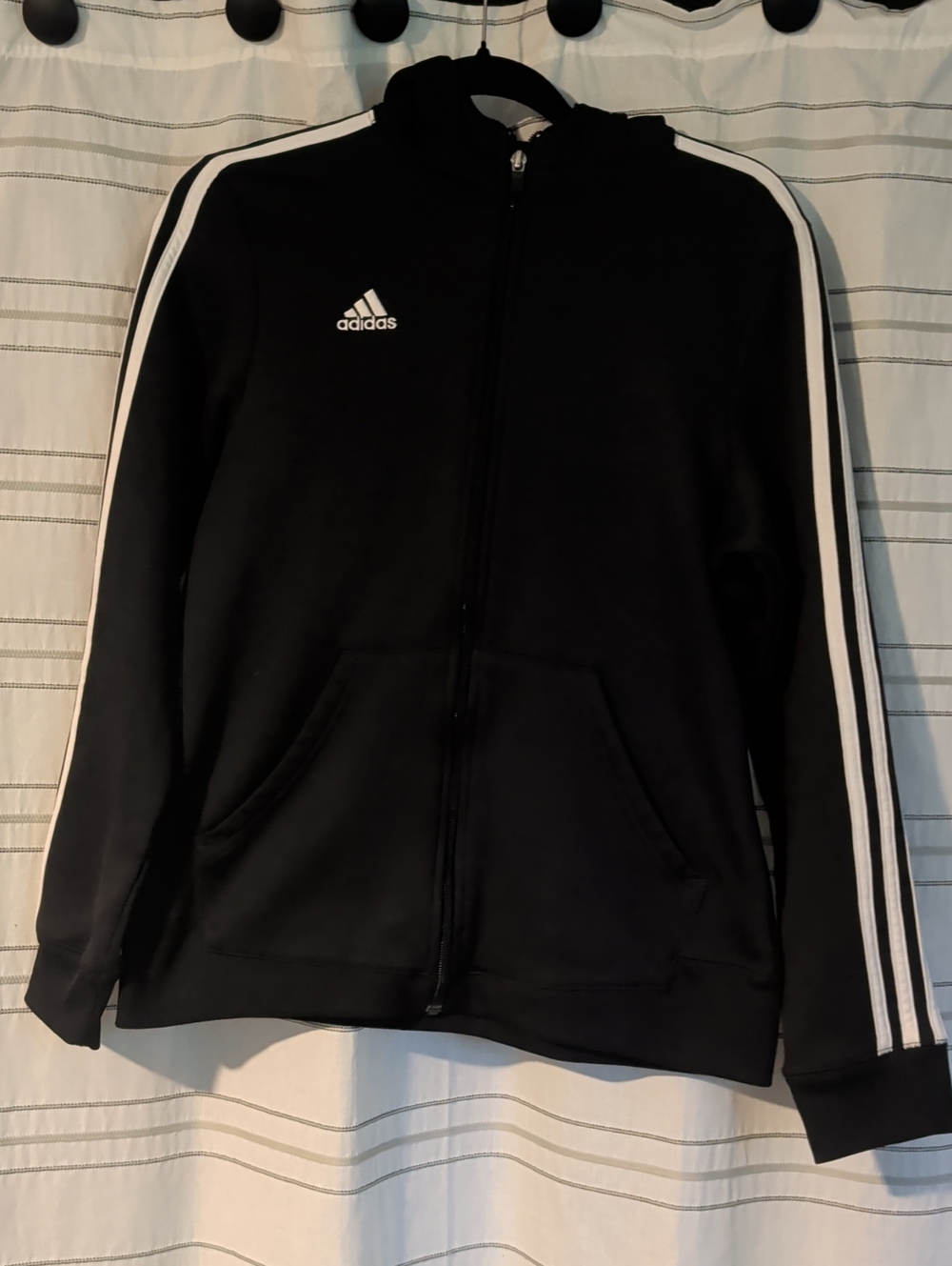 adidas Black Zip-Up Track Jacket with White Stripes